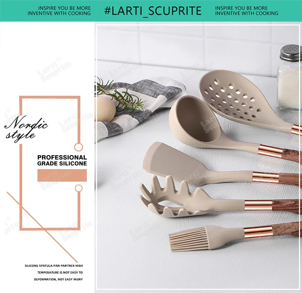 Kitchen Utensils Silicone Kitchen Utensils Set Rose Gold Plated Handle Cooking Tool Non-stick Heat Resistant Kitchenware Accessories
