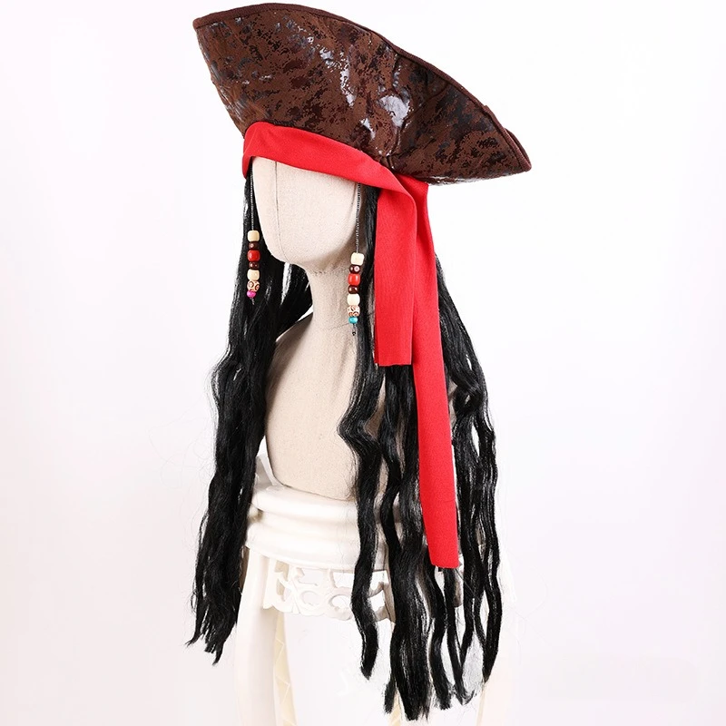 Caribbean Pirate Hat Wig Cosplay Captain Pirates Curly Hair Clothing Accessories Role Play Props Sparrow Wigs Men Halloween