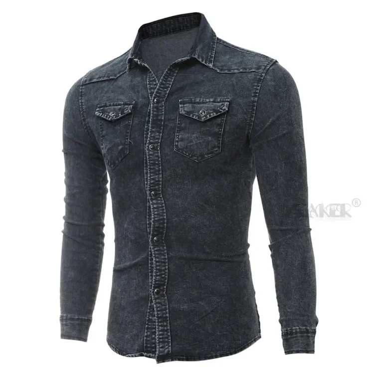 Men Denim Shirt Cotton Jeans Overshirt Slim Fit Long Sleeve Gray Washed Cowboy Shirts Tops M-3Xl