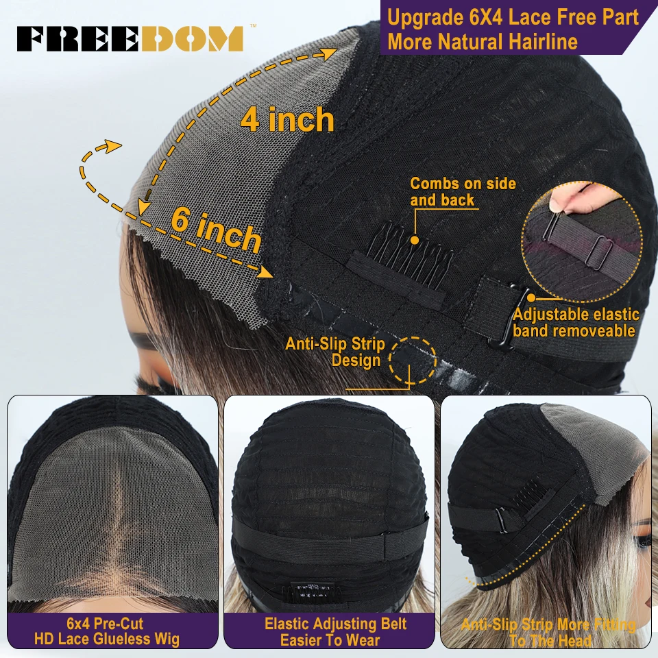 FREEDOM Synthetic Lace Front Wigs For Woman Long Body Wave 6x4 Lace Wig Ombre Brown Pre Plucked Pre Cut Wear and Go Glueless Wig 6
