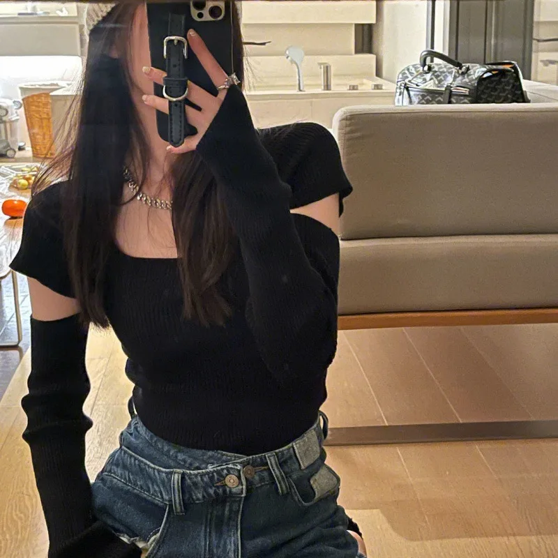 

Elegant Thin Knitted T-shirt Sweater Women Slim Fit Solid T Shirt Off Shoulder Long Sleeve Personality Tops
