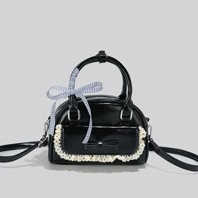 JIAERDI Sweet Cute Pink Messenger Bag Women Harajuku Lace Bow Chic Handle Boston Crossbody Bags Ladies Retro Bowling Bag Y2k