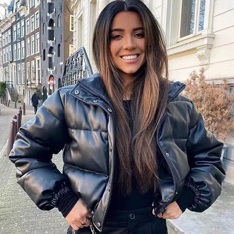 

Winter Thick Women Short Parkas Fashion Leather Coats Black Cotton Padded Female Down Jacket Zipper Clothes