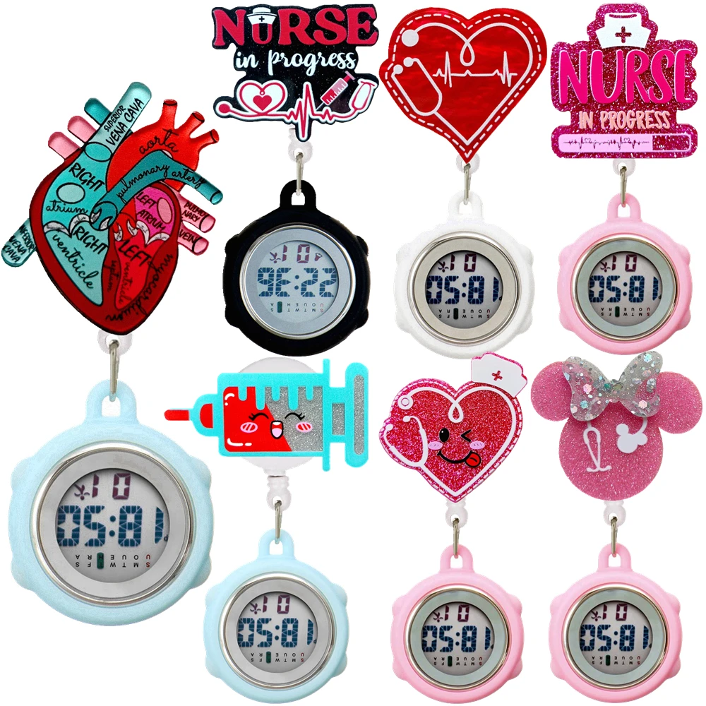 Pocket Watch Cartoon Shiny Glitter Acrylic Medicine Medical Hospital Nurse Doctor Multi-function Digital Clip Retractable Badge Pocket Watch