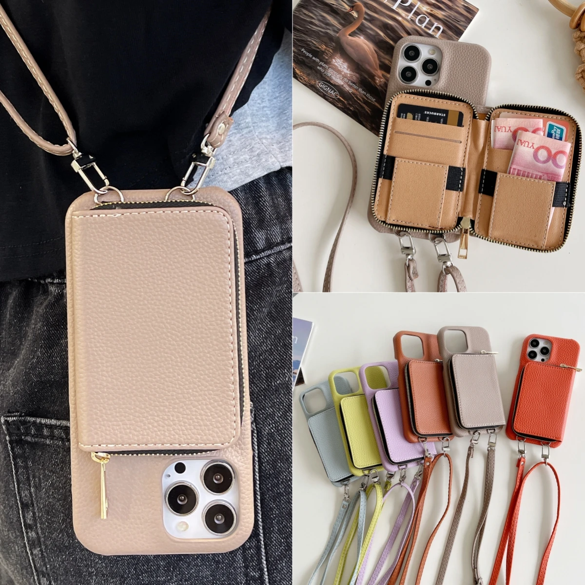 Stylish Crossbody PU Leather Phone Wallet Case with Card Holder and Shoulder Lanyard
