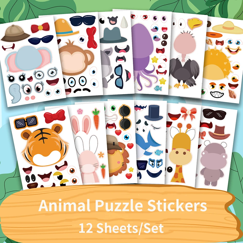 

12Pcs/Set Children's Cartoon Parent Child Interactive Puzzle Sticker Animals Homemade Face DIY Stickers Kids Educational Toys
