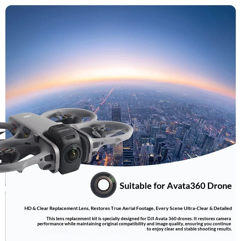 Détail de l'objectif de remplacement DJI Avata 360 transparent, montrant les lentilles internes.