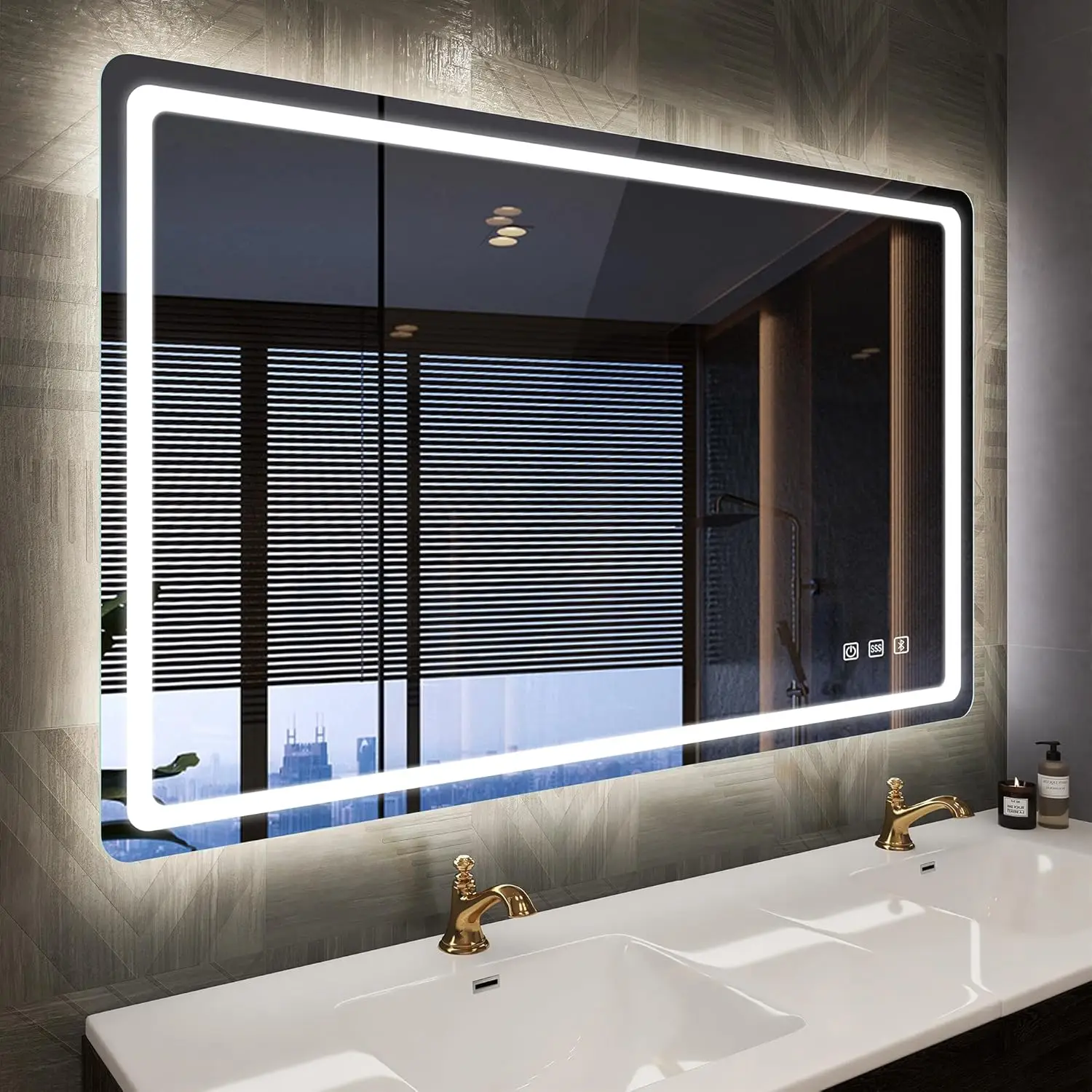 Led-Bathroom-Mirror-with-Lights 40"x28" Wall-Mounted with 3 Colors Dimmable Light Bluetooth Speaker Anti-Fog Memory Tempered
