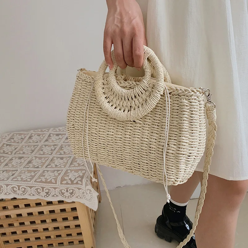 Women Summer Beach Weave Beach Bag Woven Bucket Bag Casual Handbags Popular Handmade Braided Basket Vacation Straw Clutch Totes