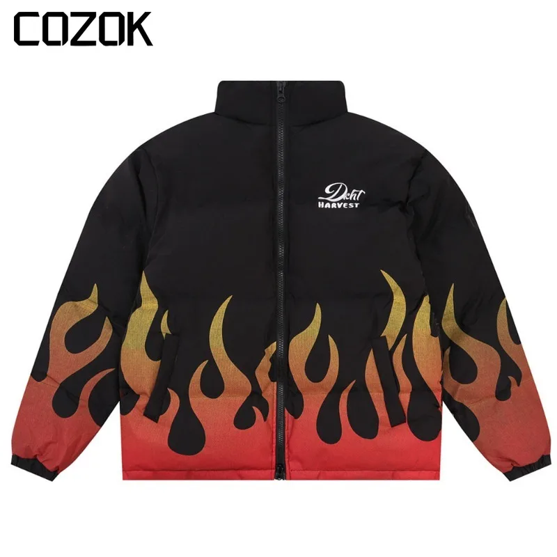 

Flame Print Padded Jacket Mens Winter Streetwear Loose Drawstring Hem Long Sleeve Stand collar Thick Warm Quilted Outwear