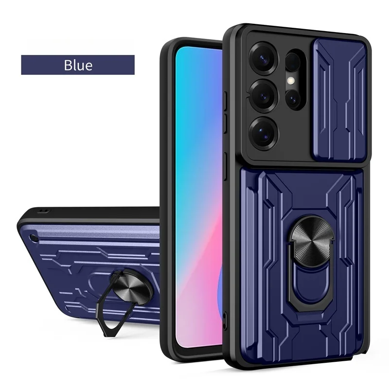 Heavy Duty Armor Shockproof Phone Case with Slide Lens Protector and Card Slot Holder