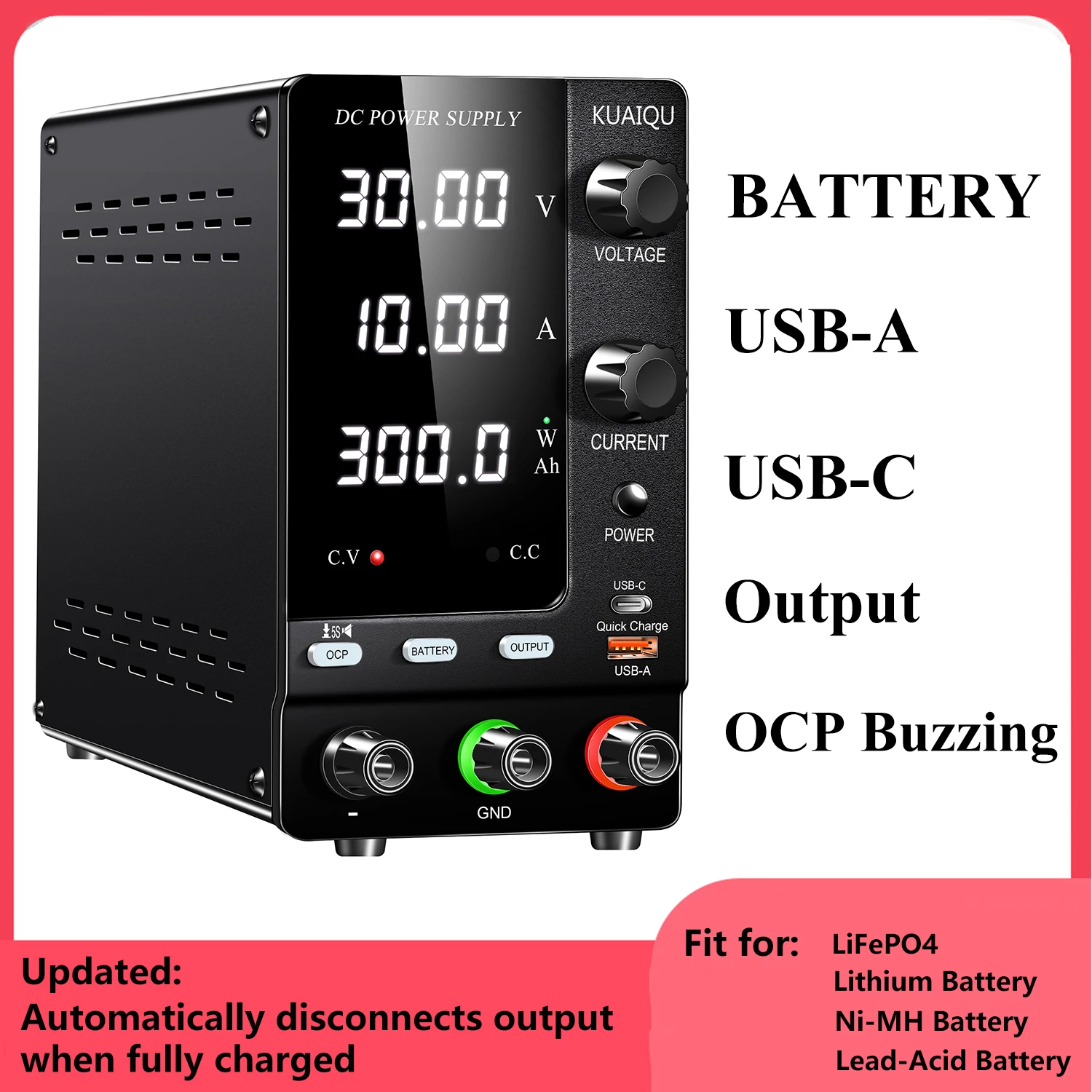 

Updated DC Power Supply Adjustable 30V 10A Bench Source Switching Lab Power Supply Type C USB For Battery Charge Phone Repair