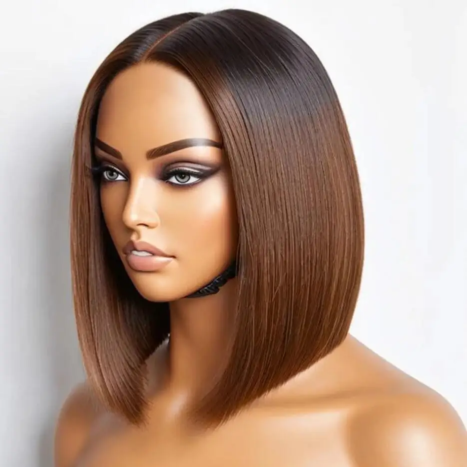 

Preplucked Glueless Soft Ombre Honey Blonde Brown Silky Straight Short Bob Lace Front Wigs For Black Women With Afro Baby Hair