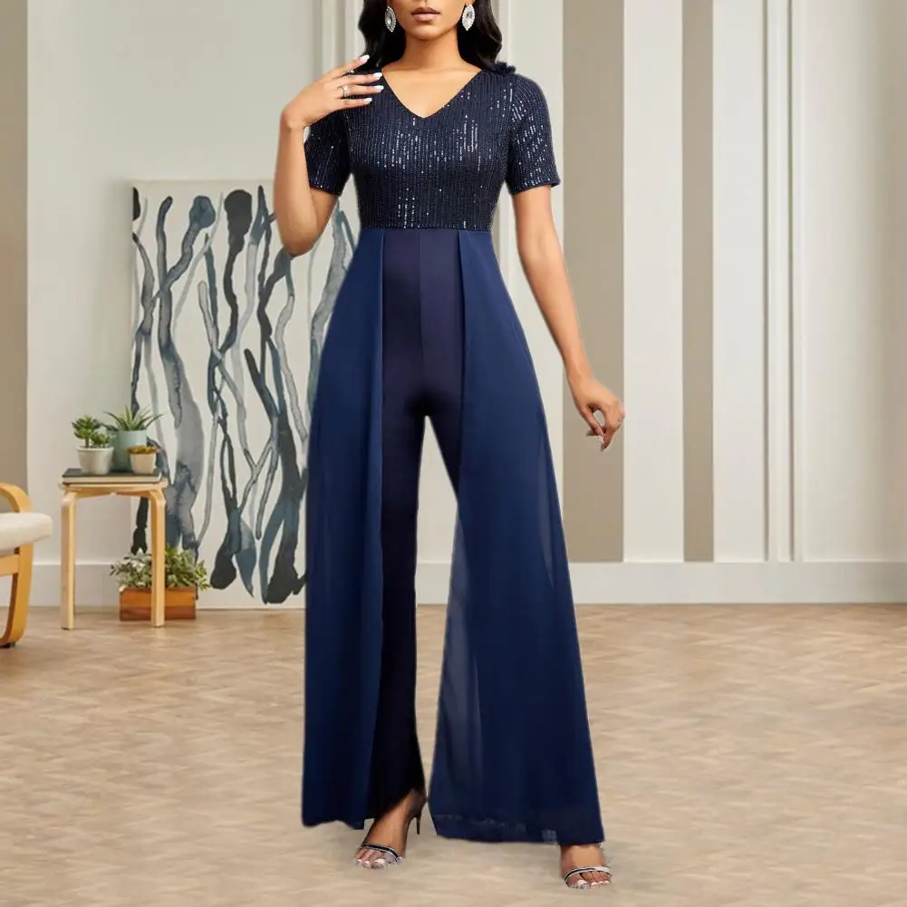 

Женский шифоновый комбинезон с цветочным подолом, элегантный комбинезон в стиле пэчворк с блестками, V-образным вырезом, короткими рукавами и широкими штанинами