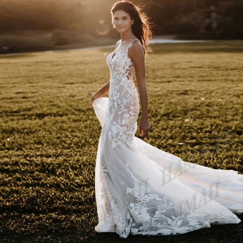 

HAMMAH Delicate Mermaid Cathedral Wedding Dresses Sposa Vestidos Appliques Lace Bride Party Gown Robe De Mariée Customised
