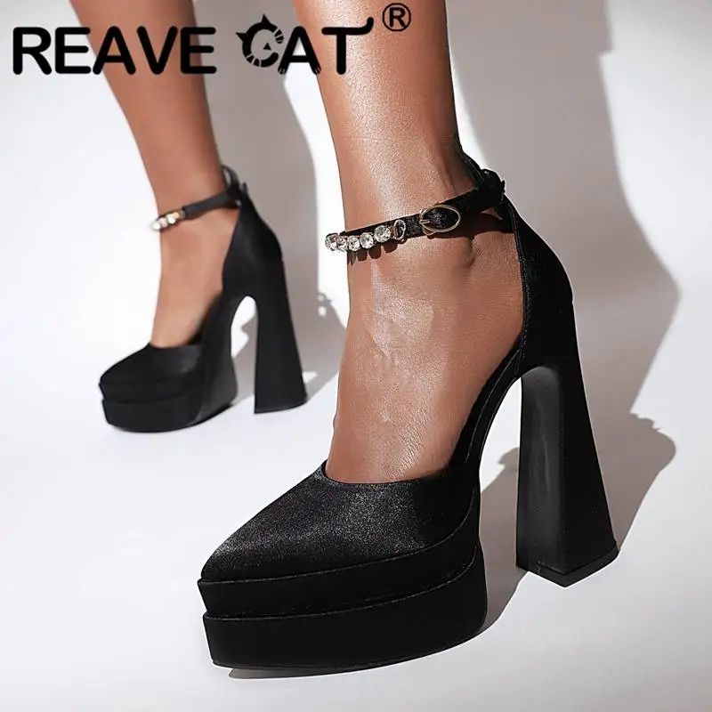 

REAVE CAT Women Pumps Pointed Toe Strange Heel 14.5cm Double Platform 4.5cm Buckle Strap Crystal Big Size 42 43 Sexy Party Shoes