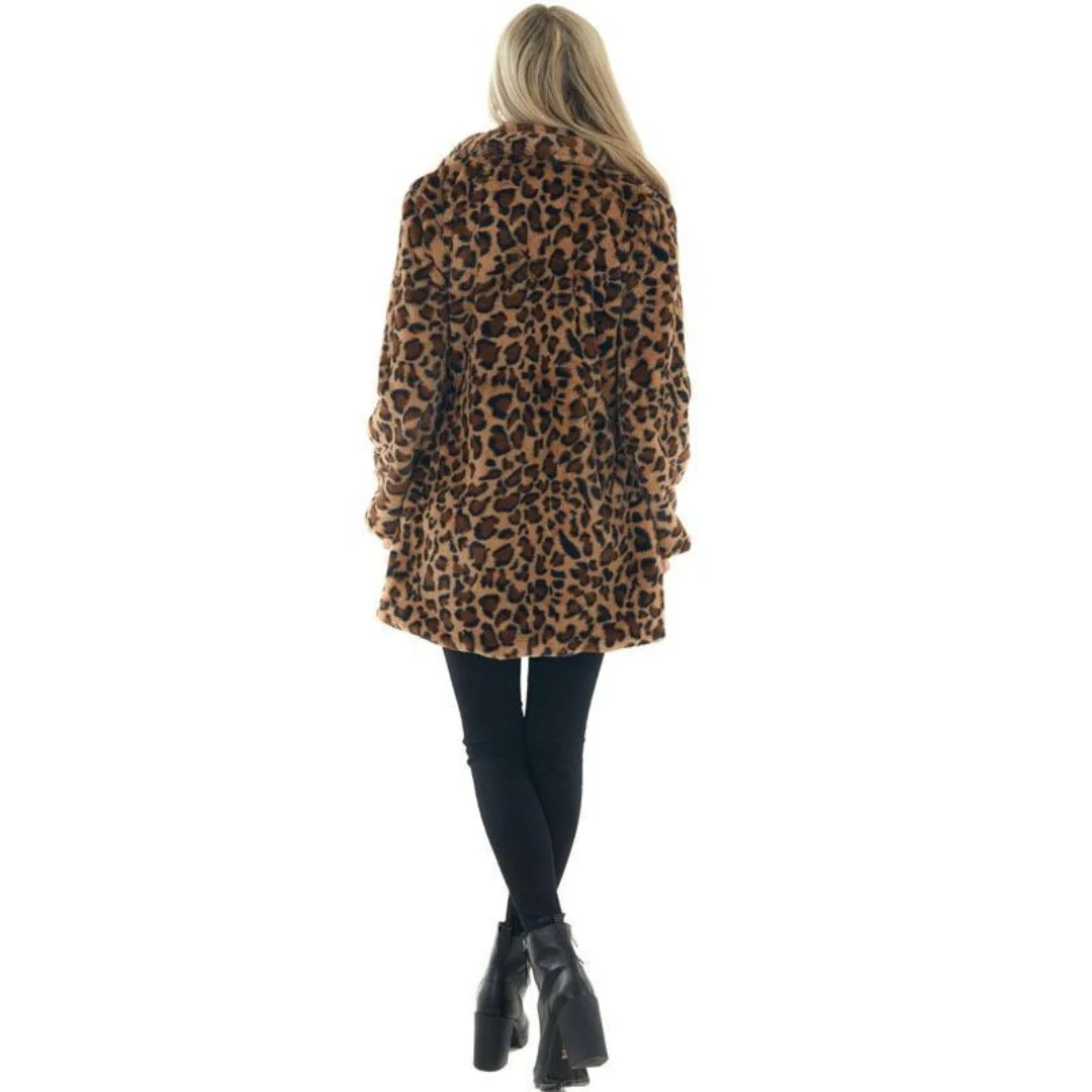Women Autumn Winter Leopard Print Faux Fur Coat Long Sleeve Turn-down Collar New Fashion Outerwear Pocket Loose Thicken Overcoat 2