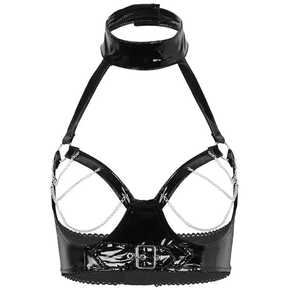 

Women Sexy Wetlook Leather Bralette Bra Erotic Breast Exposed Hollow Out Halter Ladies PVC Leather Open Cup Latex Bra with Chain