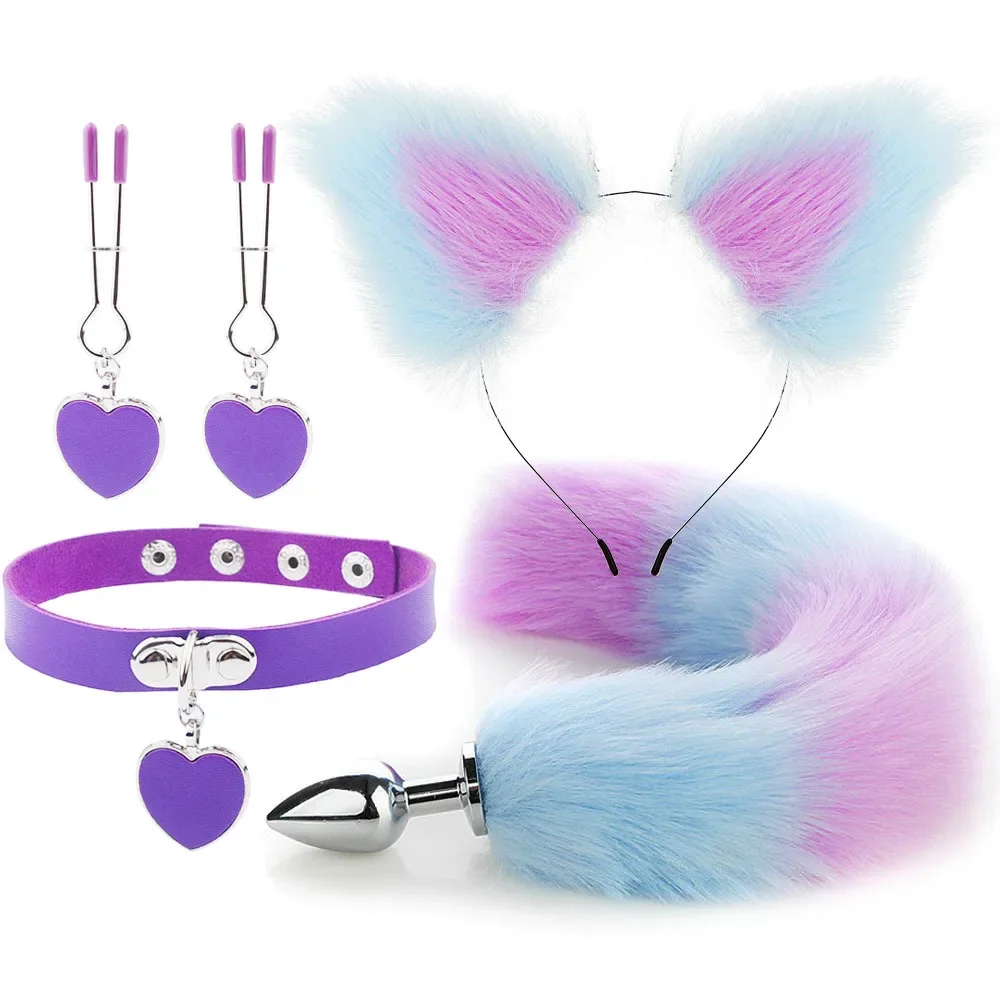 Anal Sex Toys Fox Tail Butt Plug Sexy Plush Cat Ear Headband With Bells Necklace Set For Women Couples Cosplay
