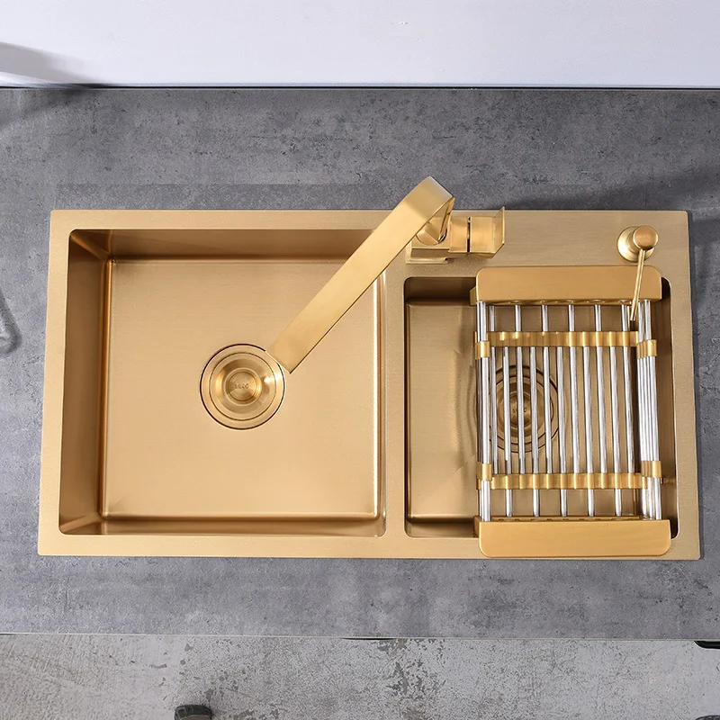 Gold Kitchen Sink Above Counter or Undermount double Bowl Goldn Basket Drainer Soap Dispenser Washing Basin 304 Stainless Steel 3