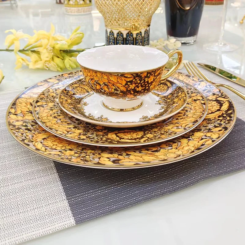 Golden Edge Luxury Tableware Set, Western Dinner Plate, Steak Flat Tray, Bone China Dinnerware Set, Coffee Cup, 10 ", 8"