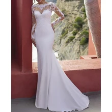 

Bridal Gown Trumpet A Line Wedding Dress 2022 Jewel Neck Lace Stretch Satin Long Sleeve Country Appliques Vestido De Noiva