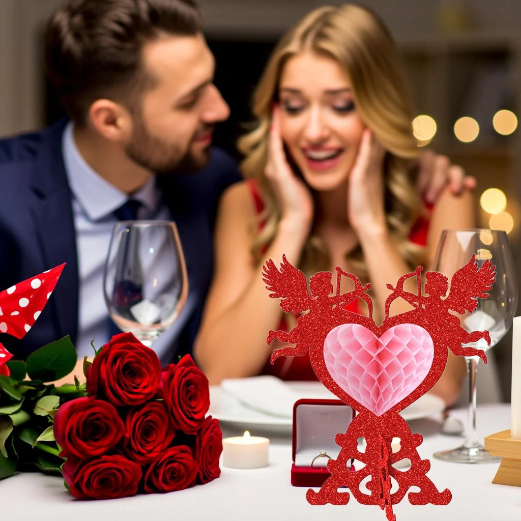 Sweet and Romantic 4-Piece Set of Shiny Angel Heart Honeycomb Desktop 3D Ornaments for Valentine's Day Confession, Engagement, Wedding Celebration, Banquet, Wedding Room DIY Decoration
