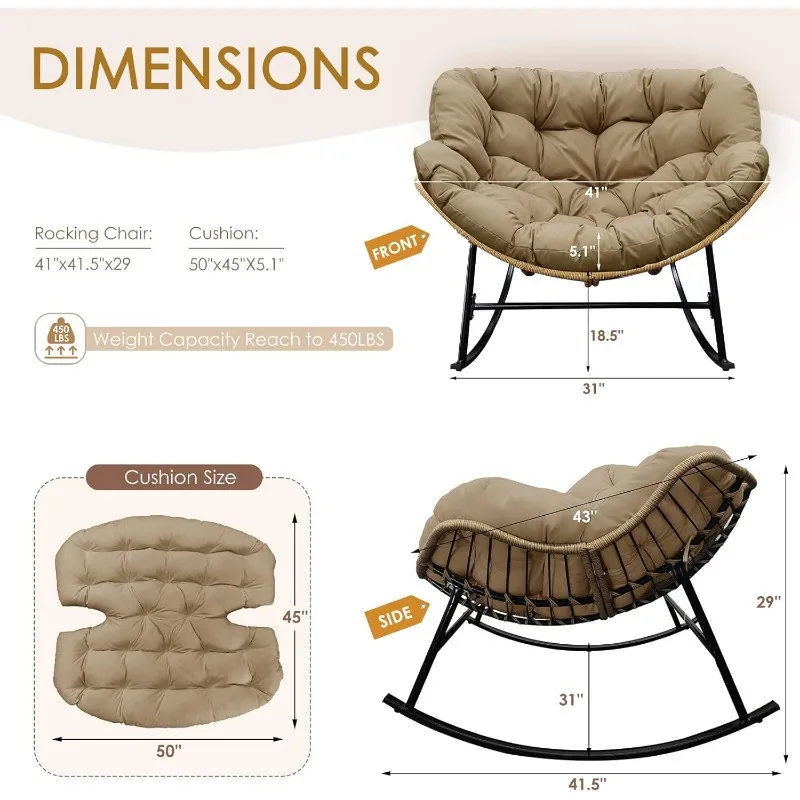 Indoor Outdoor Papasan Rocking Chair with Cushion, Oversized All Weather Patio Wicker Egg Rocker