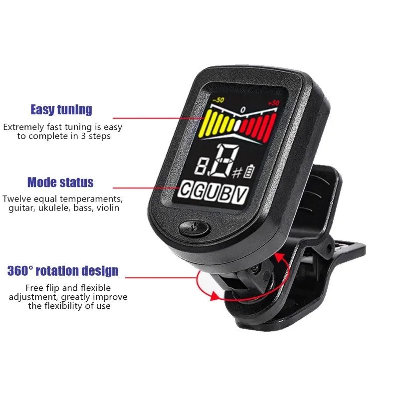 Clip on Guitar Tuner with Color Screen That Can Rotate 360 °, Suitable for Guitar Bass, Ukulele, Violin Charging, Convenient