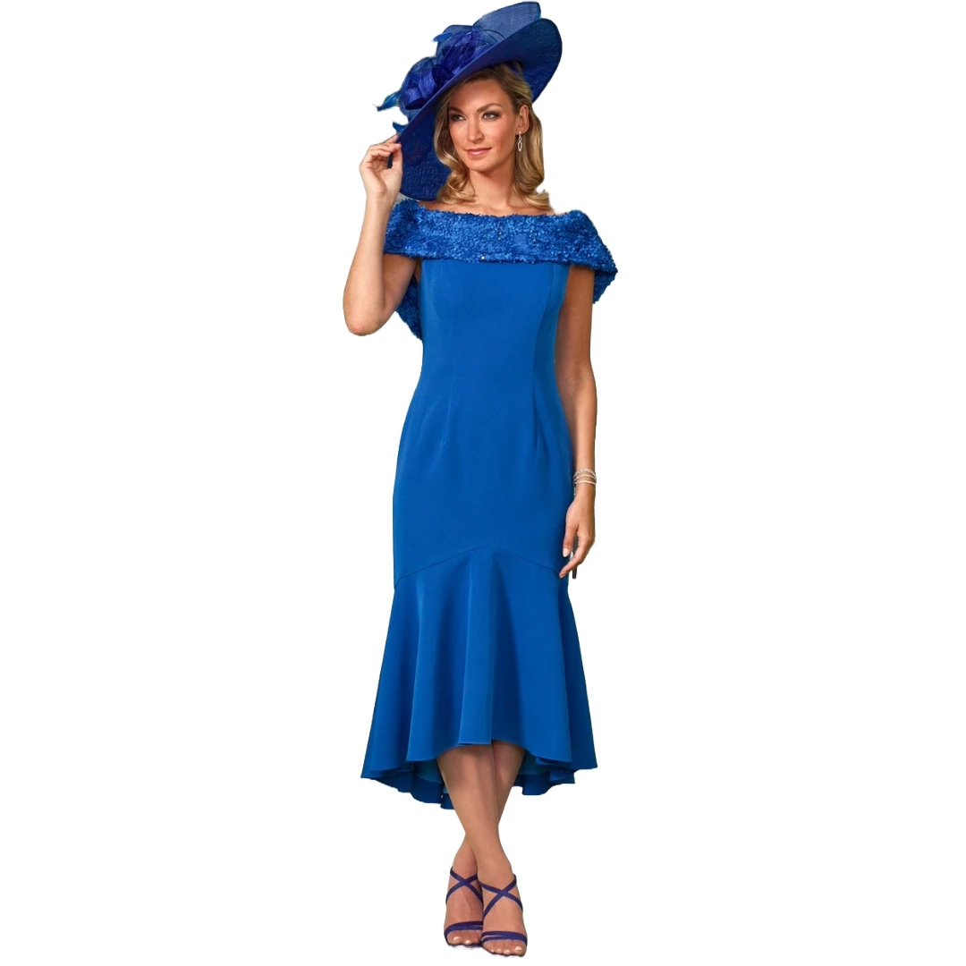 

Royal Blue Midi Dress Off-the-Shoulder Sequined Collar Fitted Bodice Flared Skirt Hem Contemporary Mother of the Bride Gowns