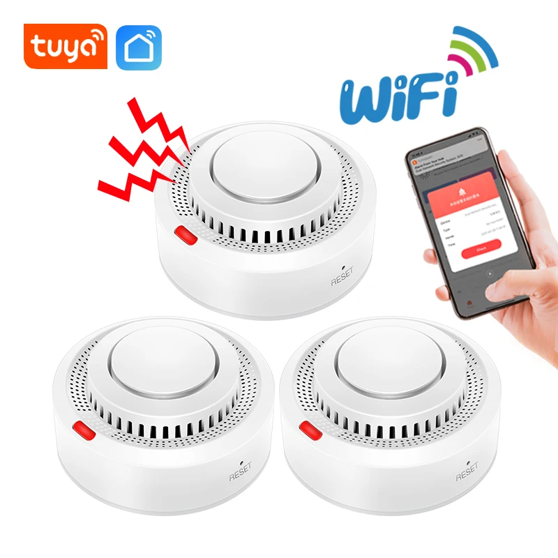 Tuya WiFi Fire Detector เซ็นเซอร์ควัน Smokehouse 80db เสียงปลุก Smart Home Security System ผสม APP ข้อความ Push 1