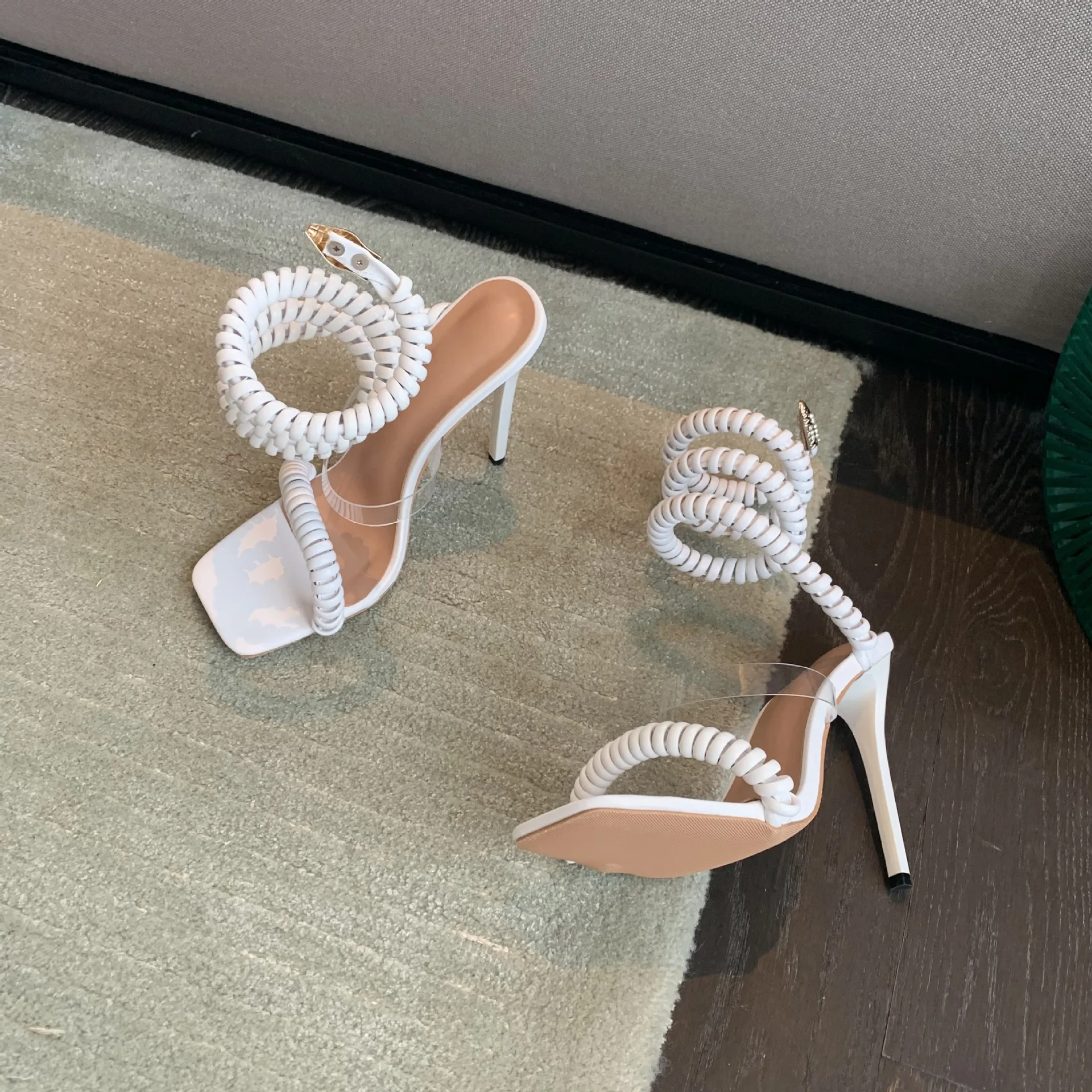 Phone cord Runway. Women's Sandals. Square Toe Snake Ankle Strap Designer Sandals. 2022 Hot Thin High Heels Stretch Sandals. adies Crystal Shoes