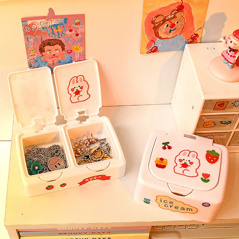 Kawaii Cartoon Desk Organizer Box Button Cosmetics Storage Box With Lid Mini Jewelry Organizer Cosmetics Makeup Container