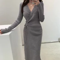 Chic V-ne Knitted Wrap Waist Slimming Mid-length A-line Dr Women's Sweater Dr Korean Sle High Waist Long Sve