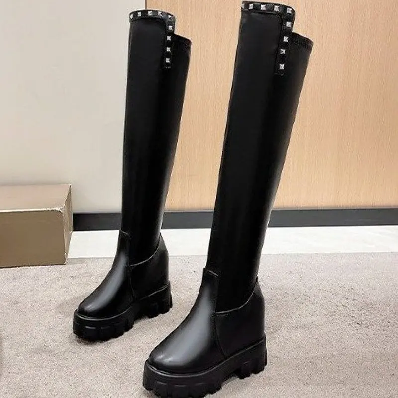 2024 NEW Winter Fashion Rivets Over The Knee Boots Women Cool Metal Decoration Long Boots Fashion Thick Sole High Boots Black