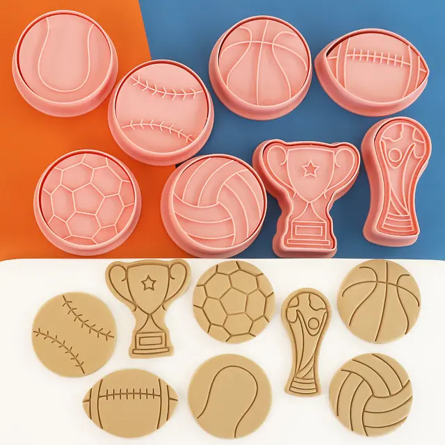8Pcs Sport Ball and Trophy Shape Cookie Stamps with Plunger Cutters Set Football Volleyball Soccer Basketball Biscuit Cutter 4