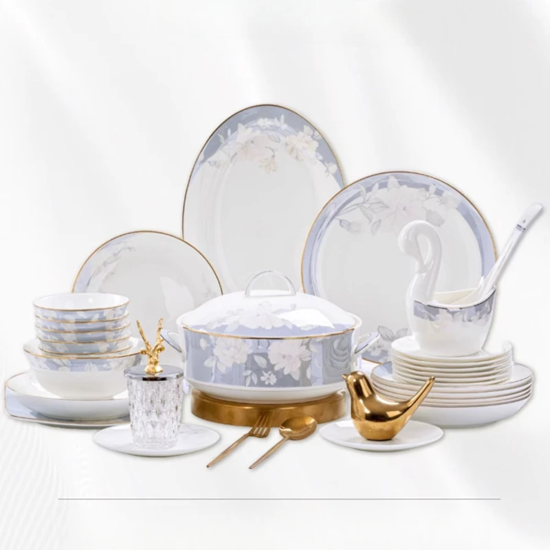 Tableware Ceramic Round Gold Trim Blue Floral Handmade Vintage Chinese Bowl Dish Suit Light Luxury Home Gift Desktop Decoration