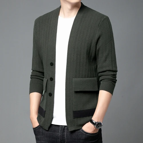 thumbnail image 1 of Chaqueta tipo cárdigan de punto de alta calidad para hombre, suéter de punto informal, 1 of 5