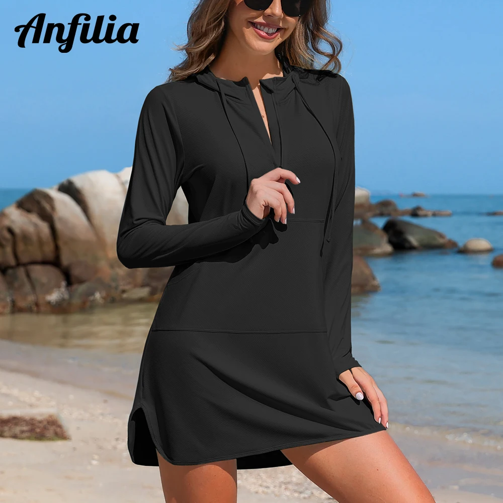 Rash Guard Charmleaks Women Rashguard Solid Hoodie Half Zipper with Horsetail Hole & Thumb Hole Loose Fit Side Pockets Swim Shirt Cover Up