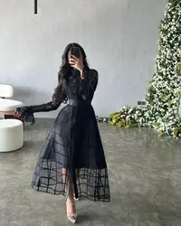 AsaNagi Black Prom Dresses High Neck A-line Belt Tulle Button Women Formal Occasion Evening Gown 2023 Vestido de fiesta