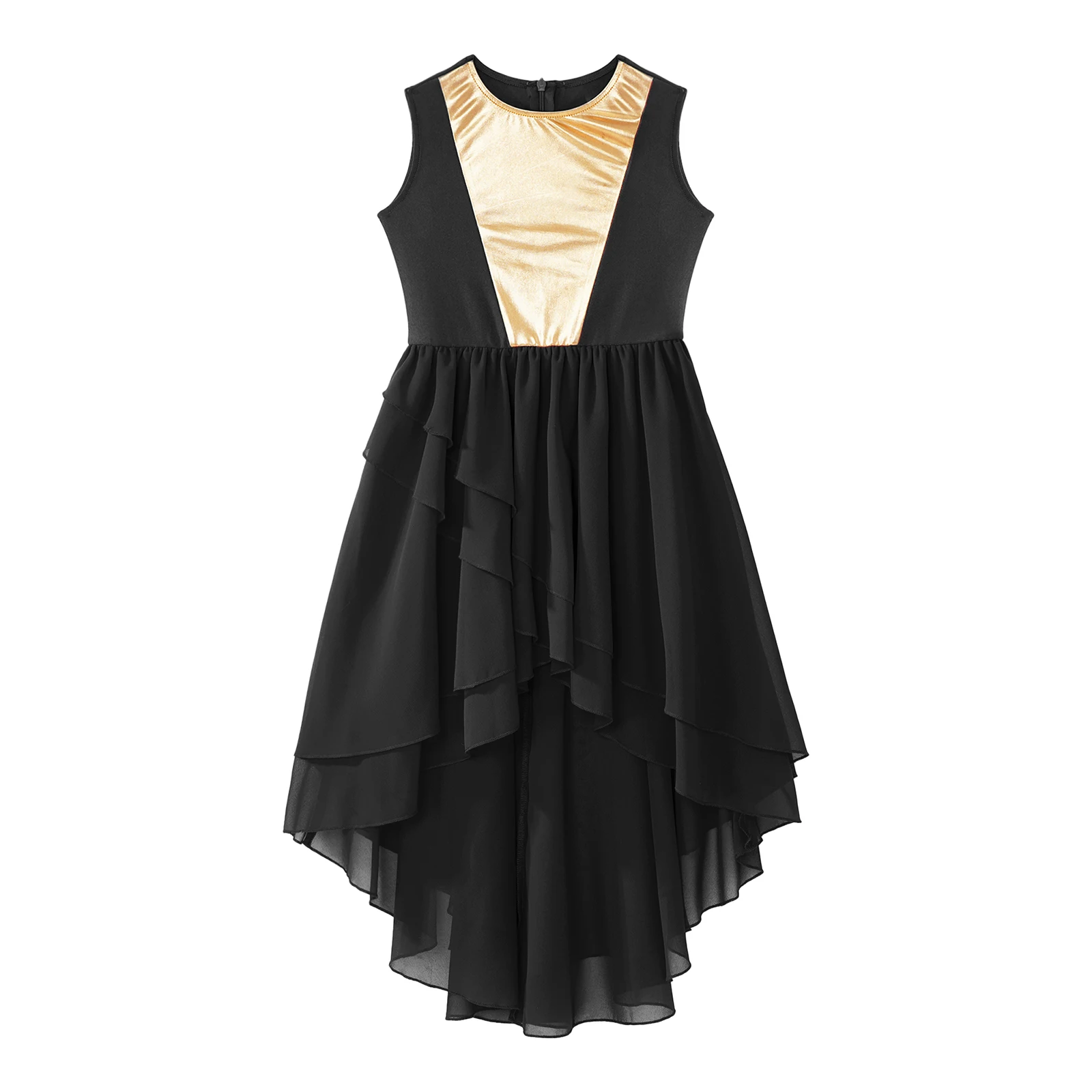 Kids Girls Praise Dancing Dress Metallic Patchwork Sleeveless High-Low Hem Worship Liturgical Lyrical Dance Clothing Dancewear