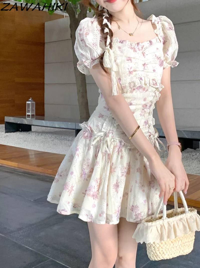 

Floral Embroidery Short Puff Sleeve Dress Women Y2K Aesthetic Temperament Slim Waist Fairycore Square Collar Summer Veatidos
