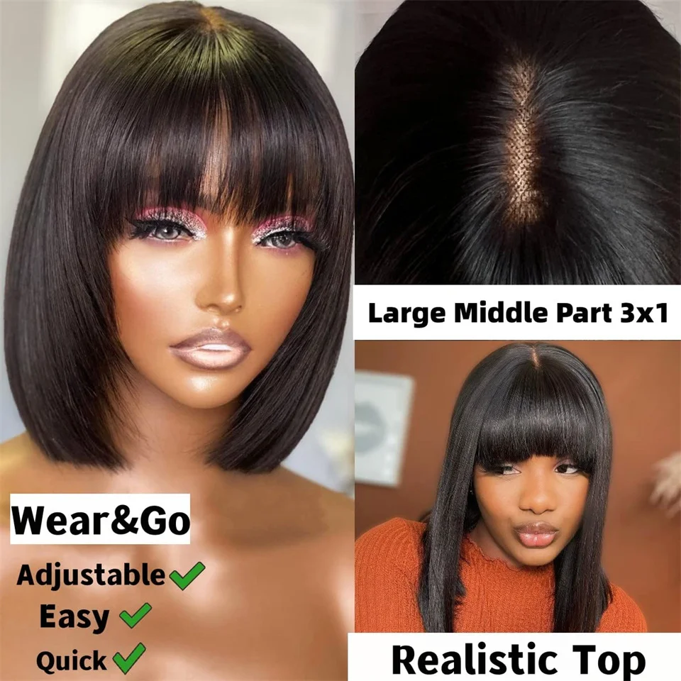 Middle Part 3X1 Hd Lace Wig Bone Straight Human Hair Wigs With Bangs Short Bob Glueless Human Hair Wigs for Black Women