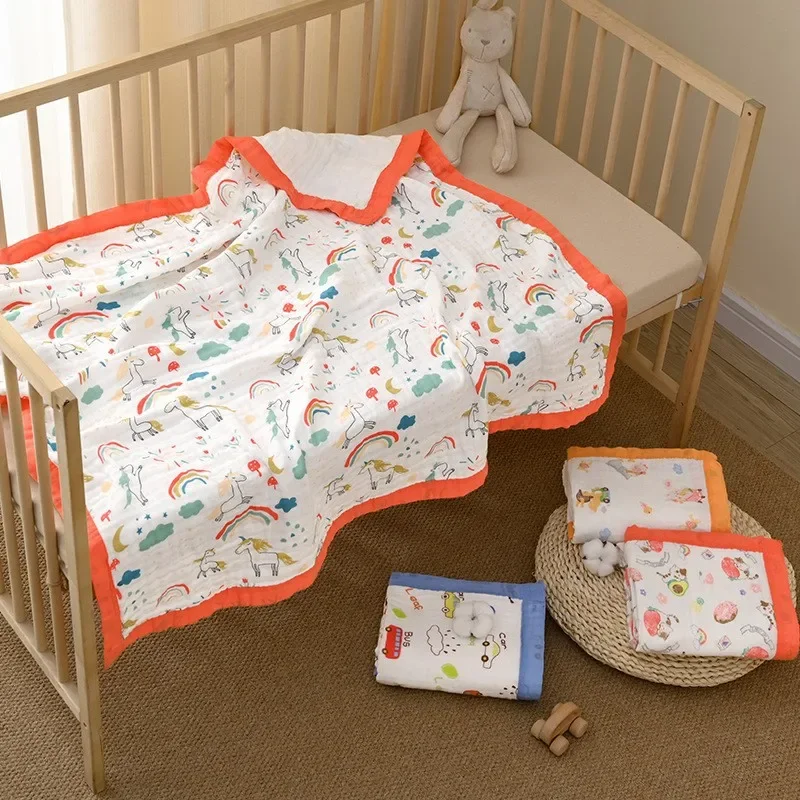 Baby Blanket Cotton 6 Layers Thicken Soft Newborn Muslin Swaddle Blankets Summer Cartoon High-density Breathable infant Blanket 2