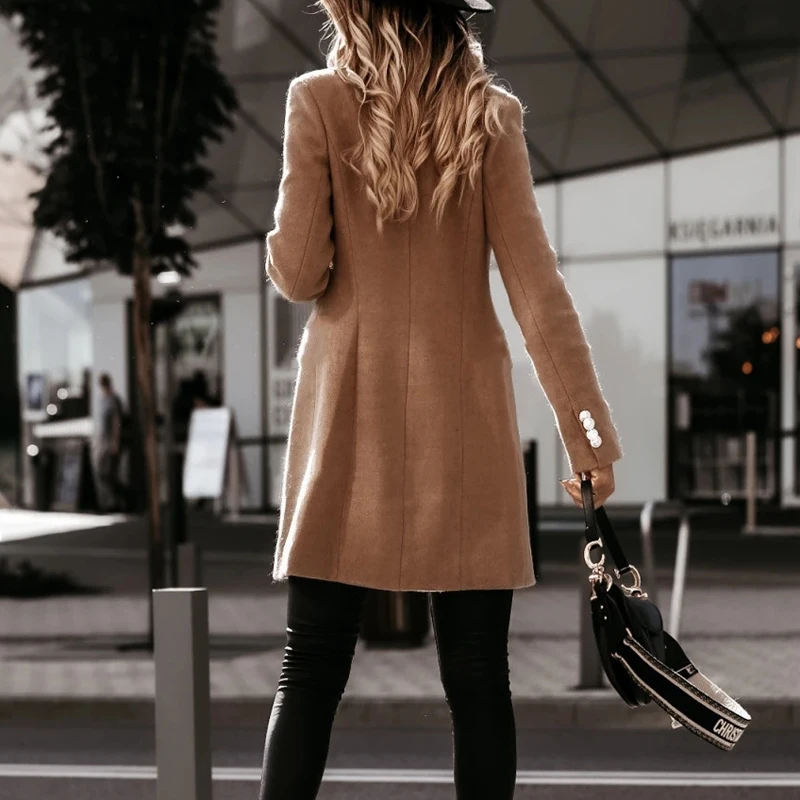 Autumn Winter Women Elegant Woolen Coat Lady Office Simple Solid Casual Double Breasted Turn-down Collar Female Long Woolen Coat