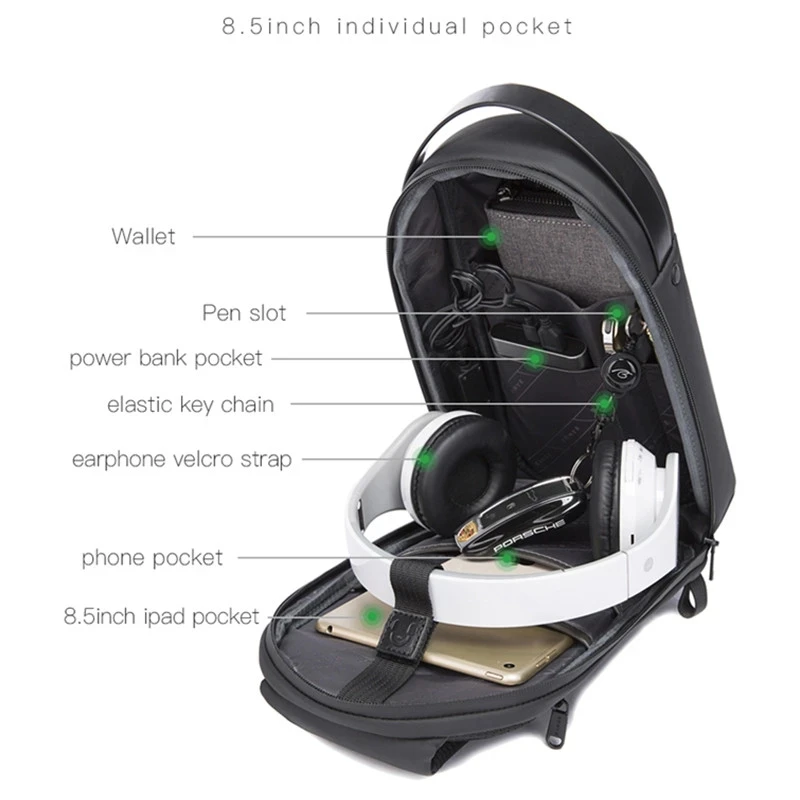 Waterproof Chest Bag Messenger Crossbody Bag with USB Charging for Men