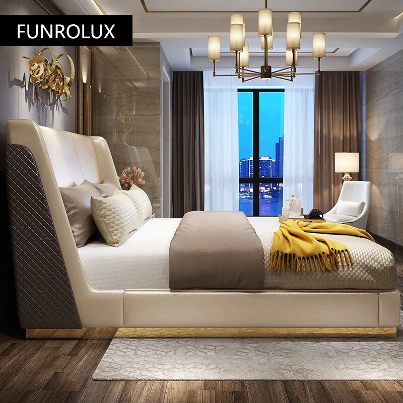 Modern leather bed simple double bedroom and household light luxury furniture hotel model room1.8M soft bed