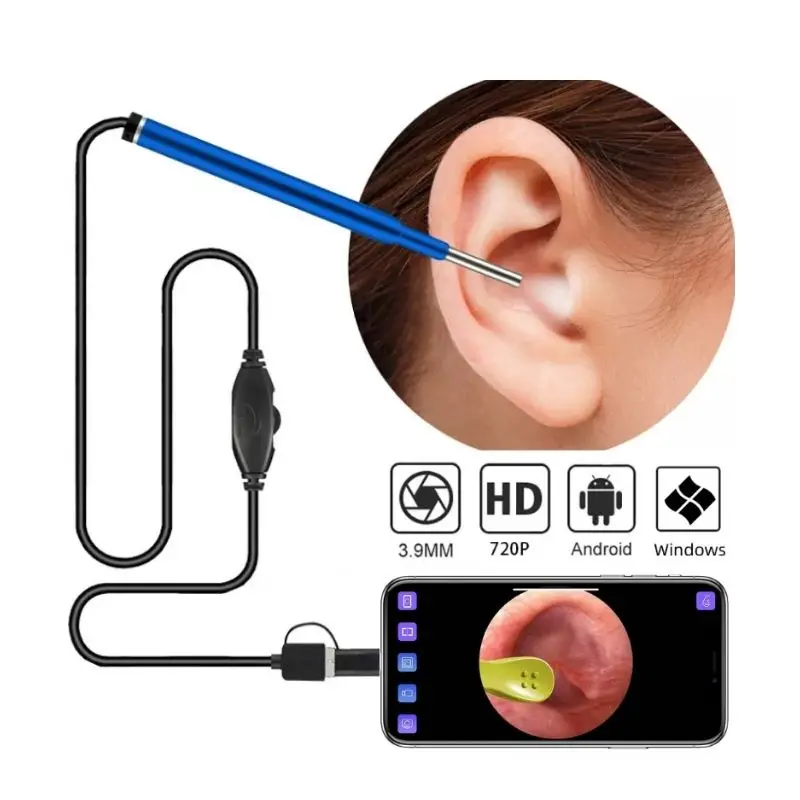 3.9mm Otoscope Ear Inspection Camera Video 3 in 1 USB Visual Ear Cleaning  Endoscope 720P Medical Camera for Android Phone PC