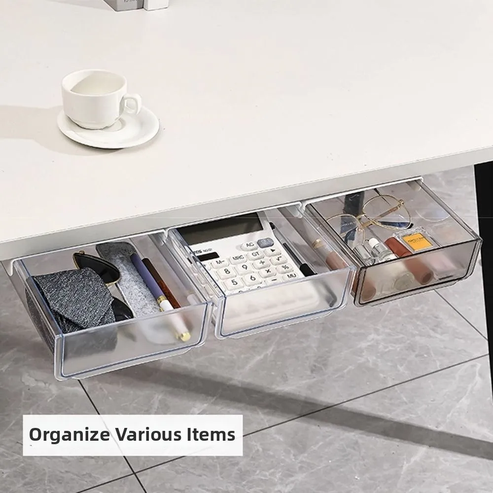 Cassetto Trasparente Sotto Scrivania, Ampio Vano Portaoggetti Estraibile, Organizzatore Salvaspazio Autoadesivo per Forniture da Ufficio - immagine 4