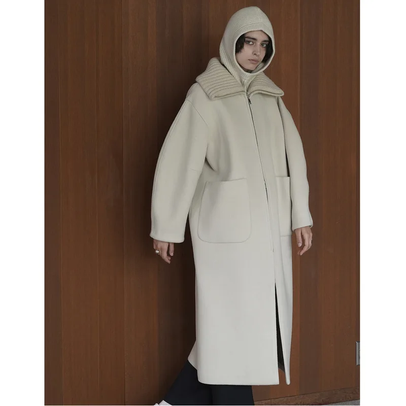 

Wool Coat for Women Winter Thickened Ribbed Knitted Collar Three-color Long Woolen Coat for Women
